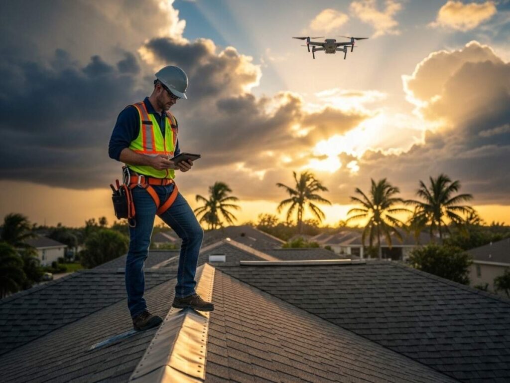 Roof inspector evaluating a residential roof in Florida under approaching storm clouds to prevent weather-related damage.