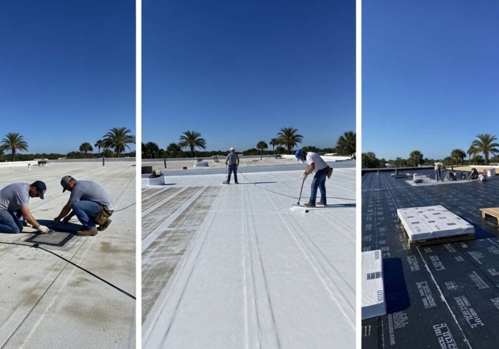 Side-by-side comparison of flat roof repair, coating restoration, and full roof replacement in Florida.