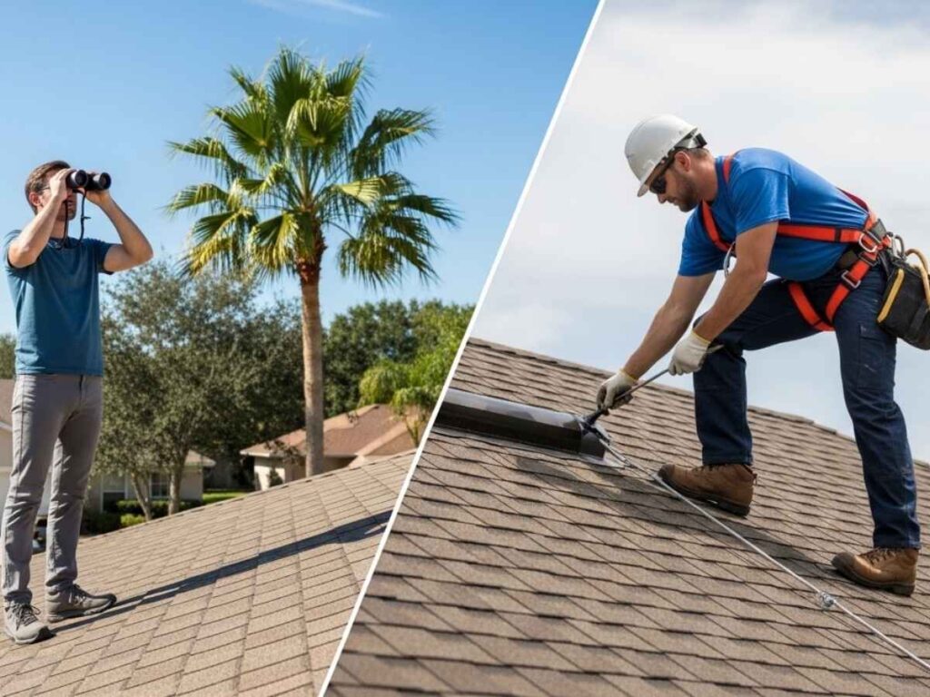 Homeowner inspecting roof from the ground while a professional roofer performs maintenance on the roof.