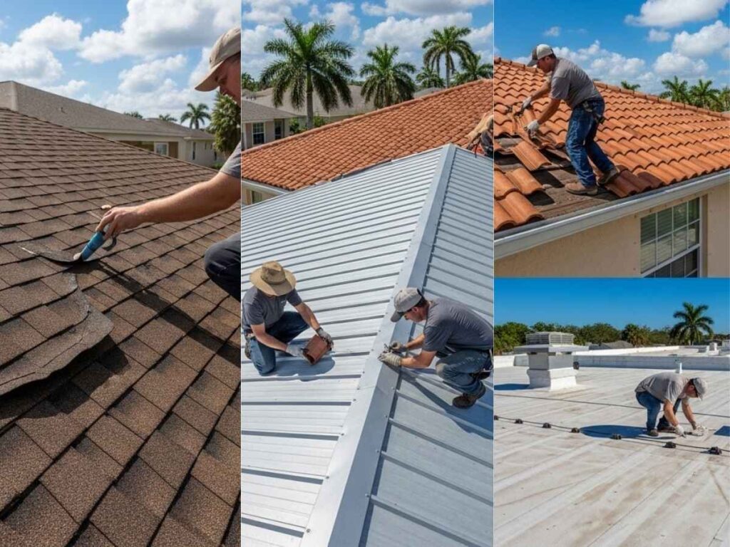 Roofing professionals inspecting and maintaining shingle, tile, metal, and flat roofs on Florida properties.