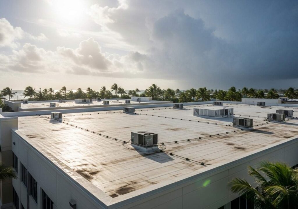 Commercial flat roof in Florida exposed to intense sun, humidity, and approaching storm clouds.