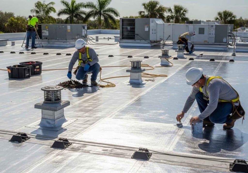 Commercial roofing technicians performing preventative maintenance and applying protective coating on a Florida flat roof.