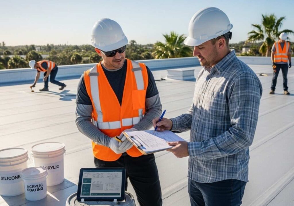 Florida roofing contractor reviewing a detailed flat roof coating estimate with a property owner on-site.
