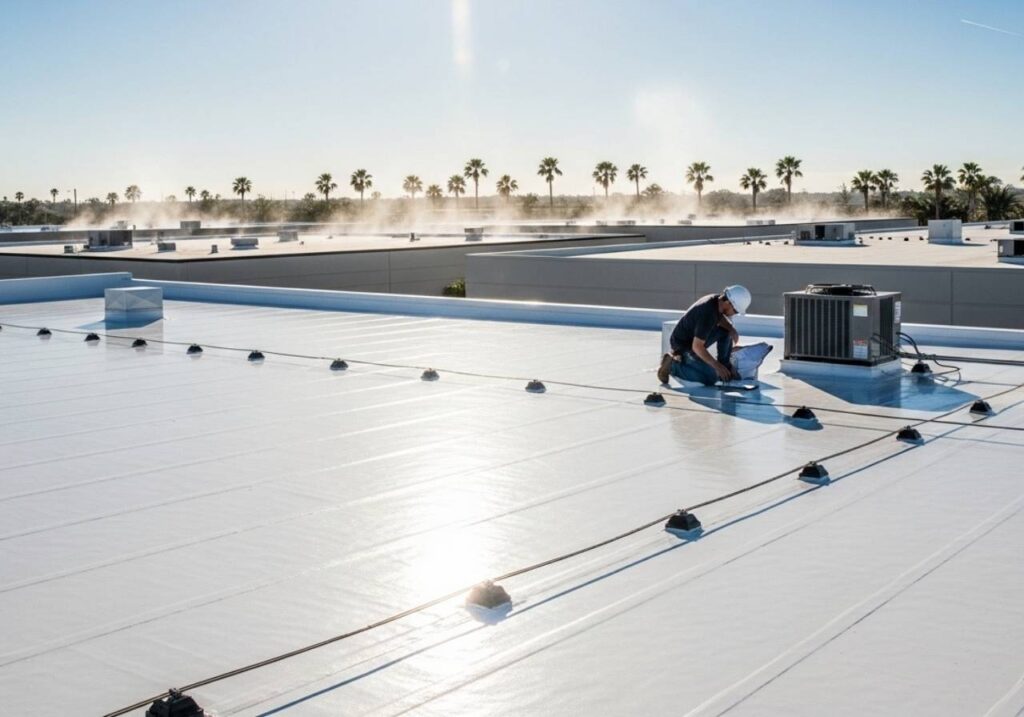 Reflective white flat roof in Florida reducing heat under bright sun while technician performs maintenance inspection.