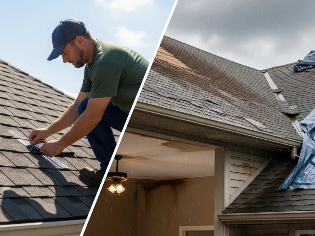Side-by-side view of a maintained roof being inspected and a neglected roof requiring emergency repairs.