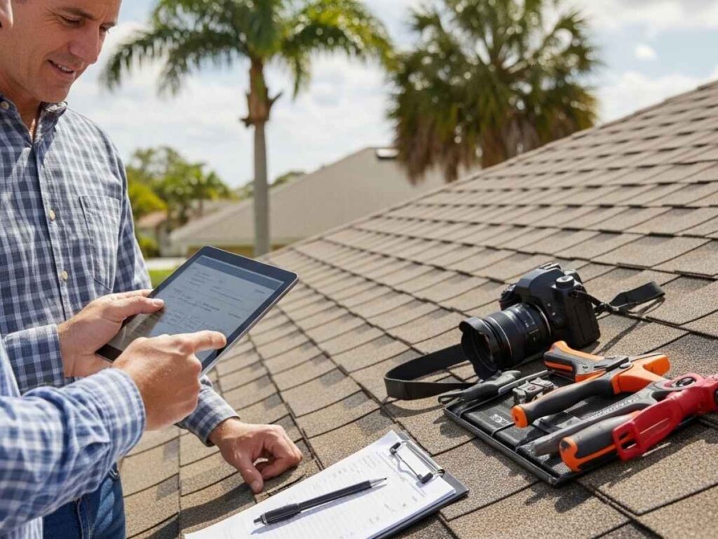 Roofing professional and homeowner reviewing documented roof maintenance records beside a well-maintained roof.