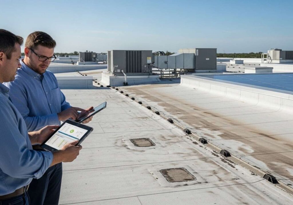 Commercial roofing professionals evaluating repair versus replacement options on an aging Florida flat roof.