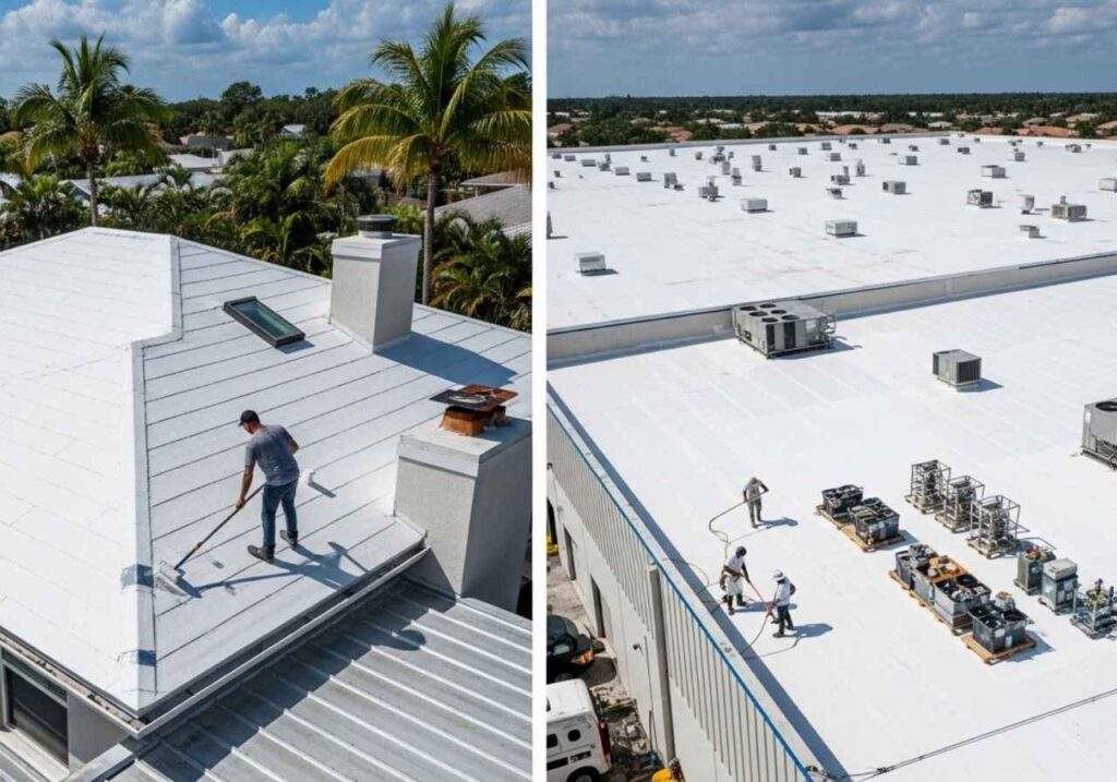 Split view of residential and commercial flat roof coating projects in Florida under bright sunlight.