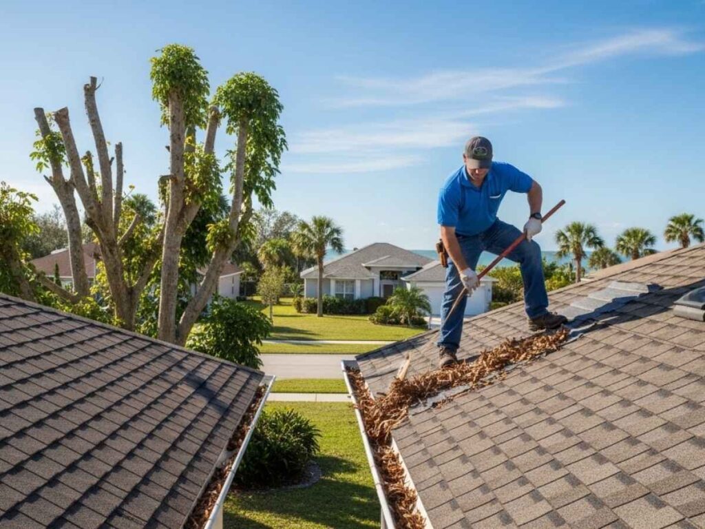 Roofing professional cleaning gutters and inspecting an asphalt shingle roof on a Florida home.
