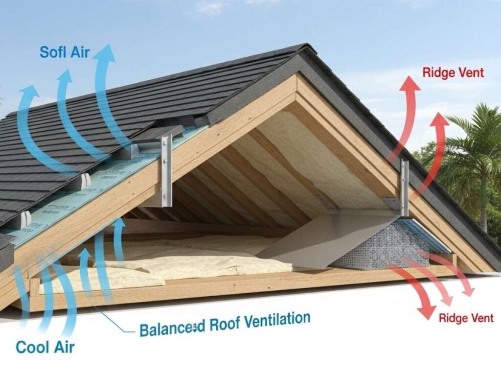 Cutaway diagram of a Florida roof showing shingles, underlayment, insulation, and ventilation airflow.