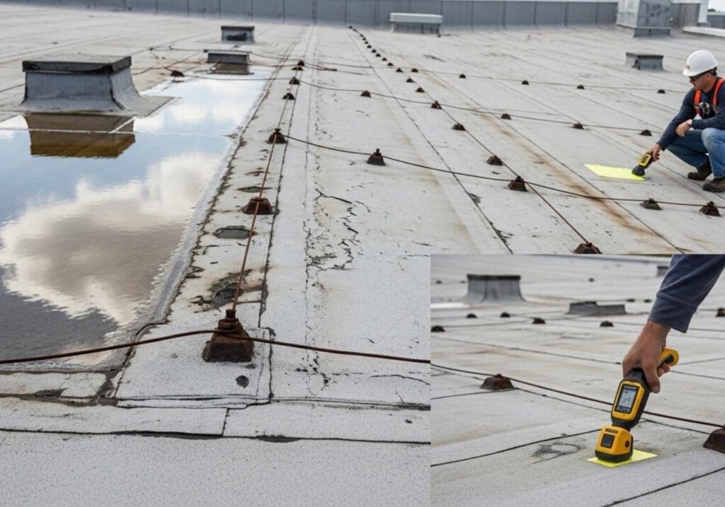 Aging commercial flat roof showing ponding water, cracked membrane, rusted fasteners, and professional inspection in progress.