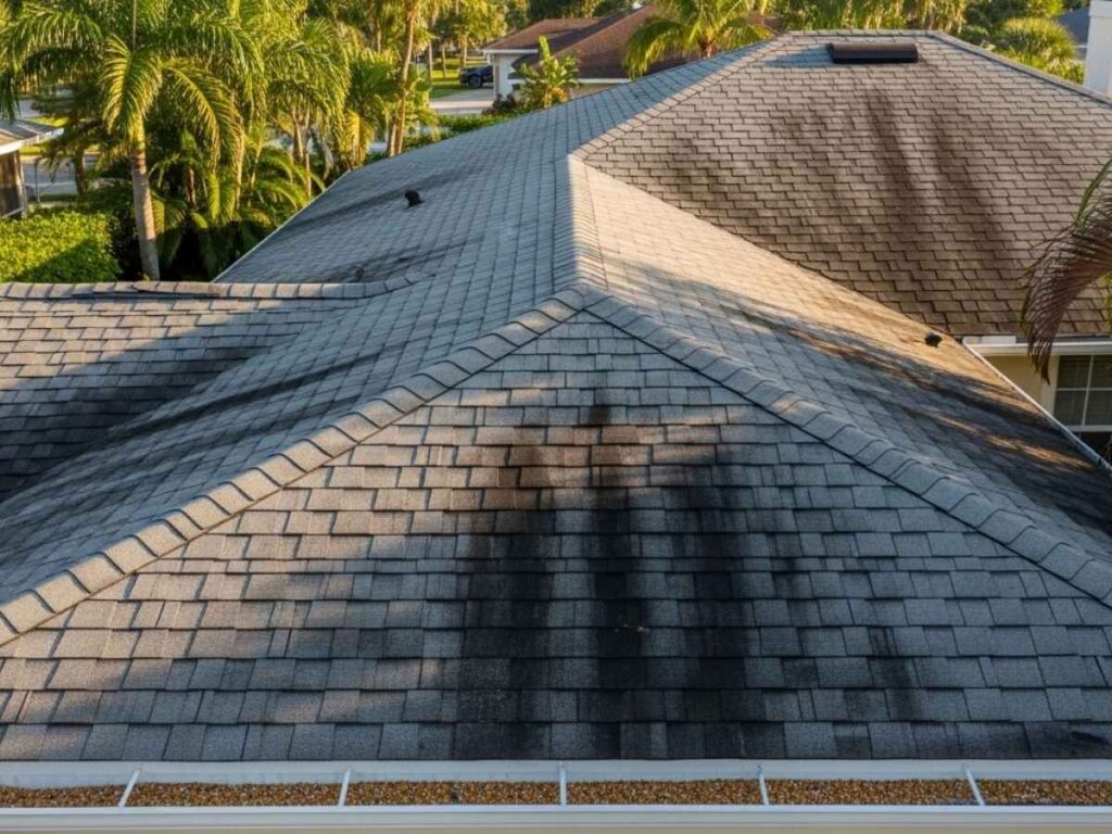 Florida roof with curling shingles, algae streaks, and granule loss showing signs of aging.