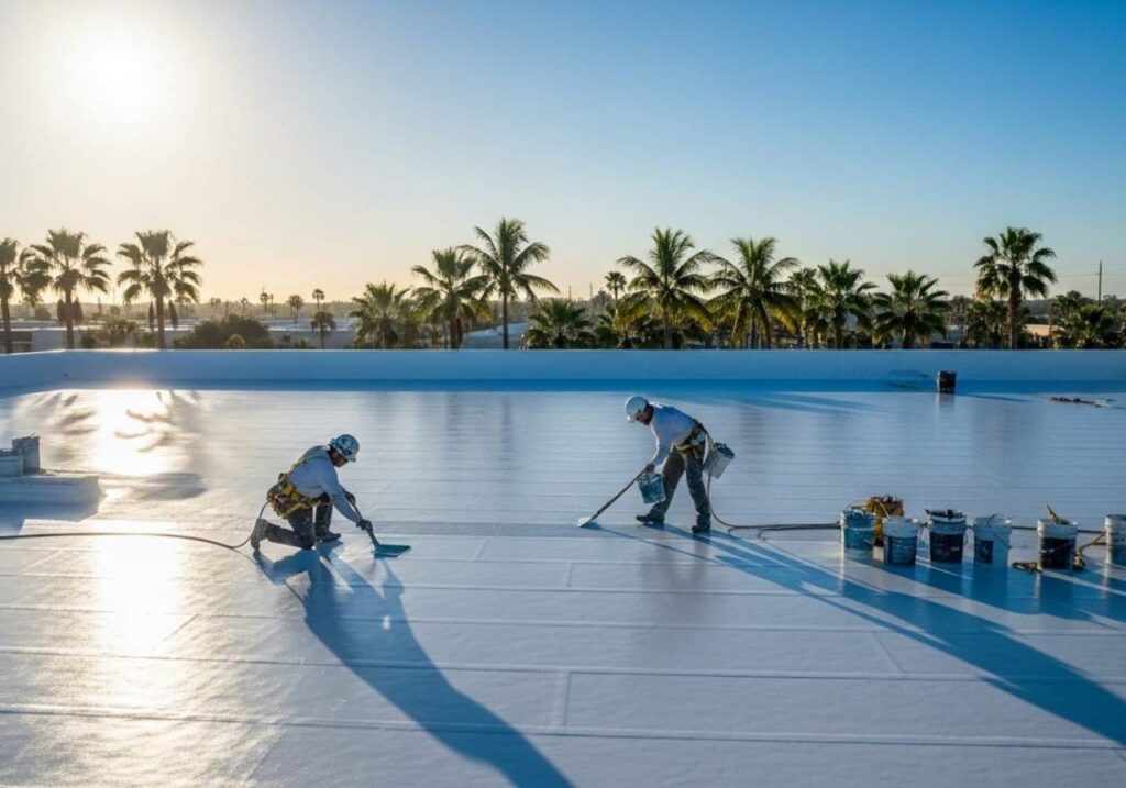 Contractor applying reflective white coating to a flat commercial roof in sunny Florida.