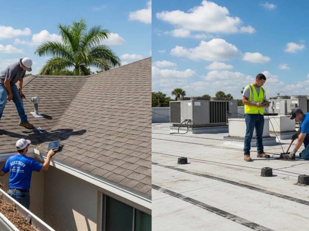 Comparison of residential shingle roof maintenance and commercial flat roof inspection in Florida.