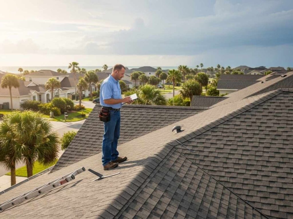 Professional roofer inspecting asphalt shingles on a Florida home roof with clipboard documentation.
