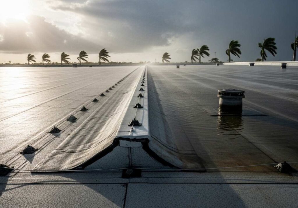 Florida commercial roof under intense sun, heavy rain, wind, and hurricane conditions showing ponding water and weather stress.