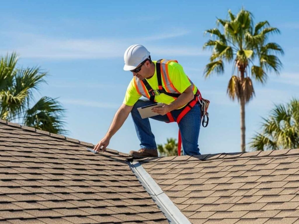 Roofing professional performing a preventative roof inspection on a Florida home under sunny coastal conditions.